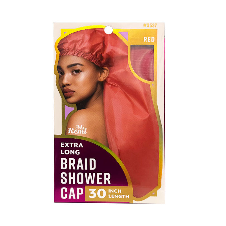 ANNIE extra long braid shower cap in red 30 inch length shown on model in retail packaging