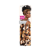 ANNIE wide silky headwrap scarf brown and cream chain print on packaging with model wearing turban style