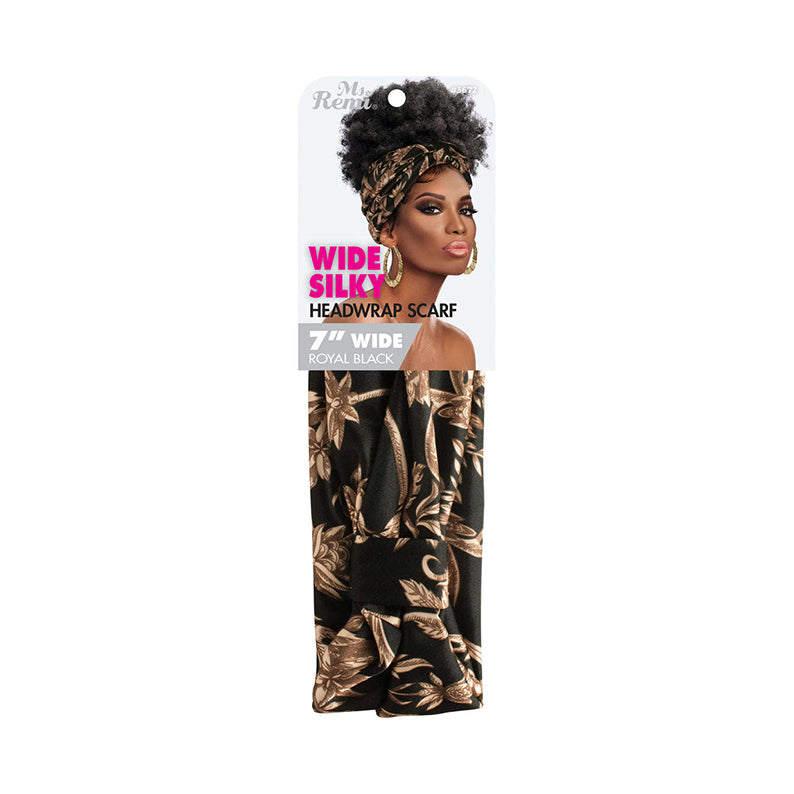 ANNIE wide silky headwrap scarf 7 inch royal black floral pattern on packaging with model