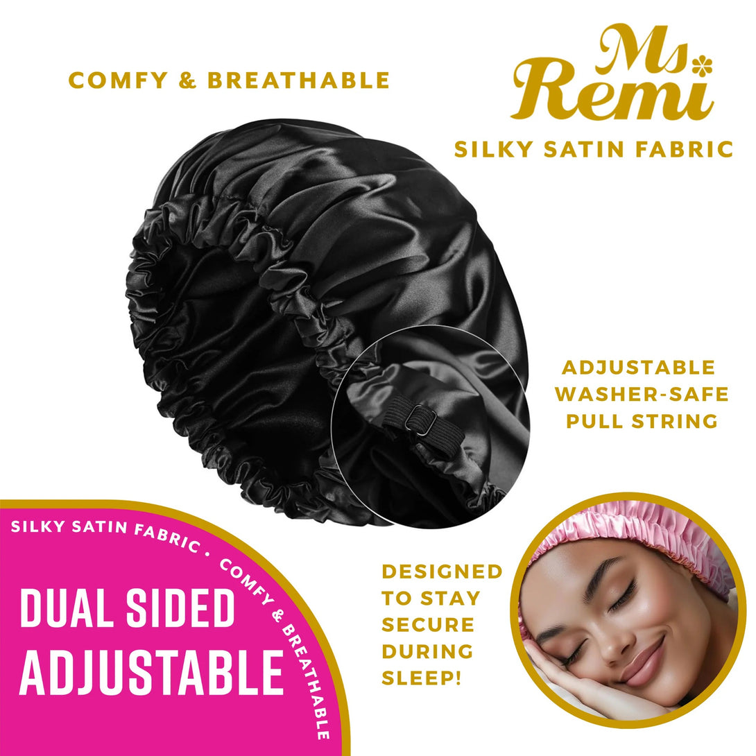 ANNIE adjustable satin braid bonnet in black silky satin fabric with pull string for secure fit
