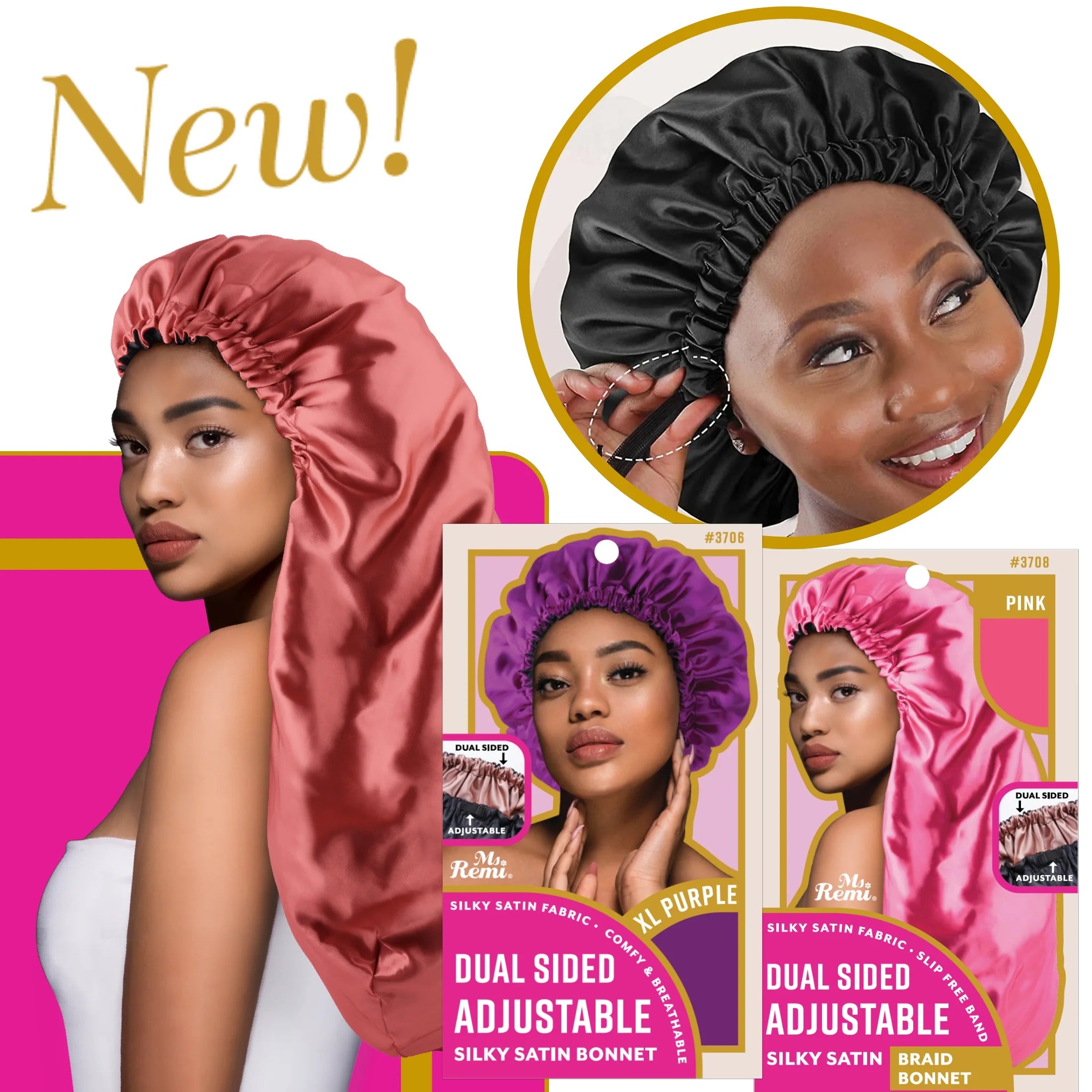 ANNIE adjustable satin braid bonnet in black, pink, and purple with dual sided silky satin fabric for hair protection