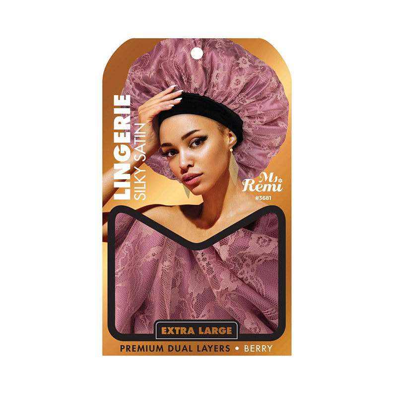 Ms Remi packaging with model wearing a berry satin extra large silky bonnet for hair. premium dual layer sleep bonnet in berry
