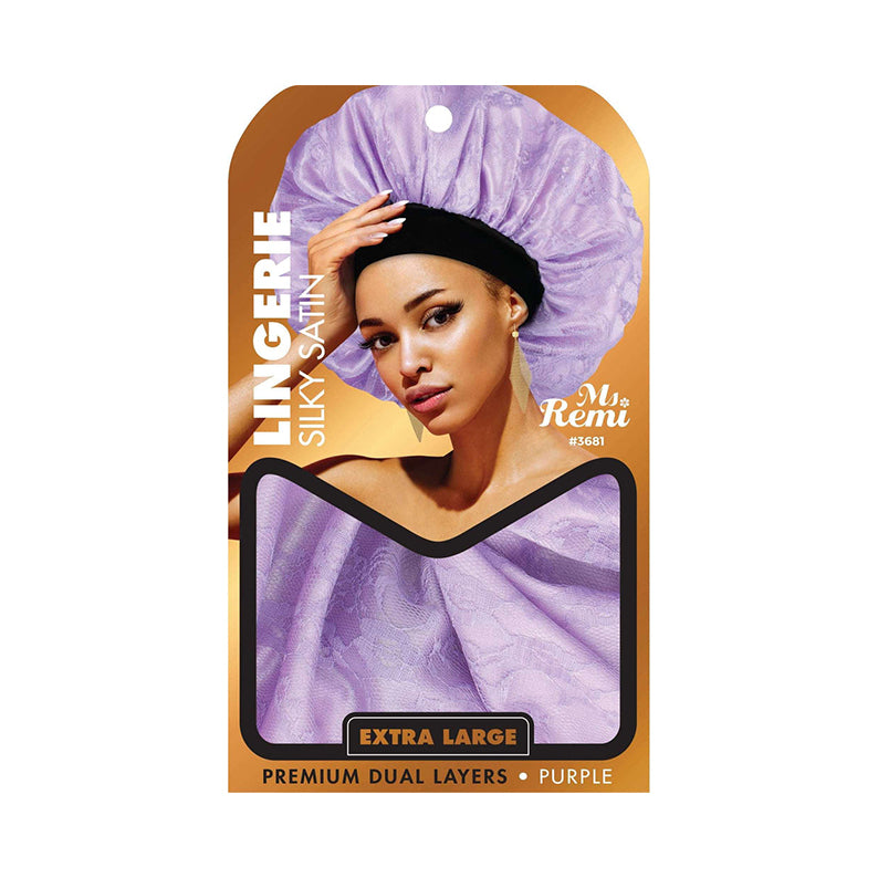 Ms Remi purple premium dual layer extra large silky bonnet for hair shown on model and packaging