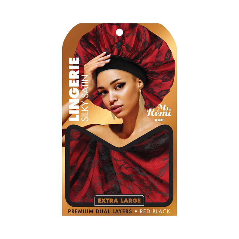 Ms Remi red and black silky satin bonnet on packaging showing premium dual layers extra large silky bonnet for hair