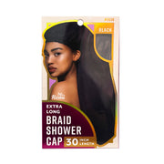 Ms Remi extra long braid shower cap black 30 inch length shown on model packaging for protective hair care