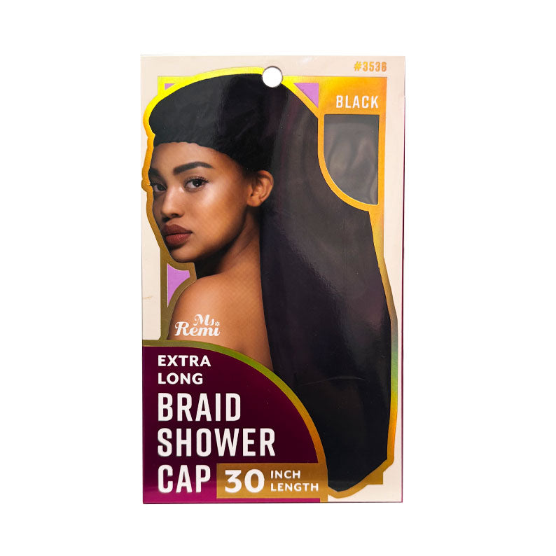Ms Remi extra long braid shower cap black 30 inch length shown on model packaging for protective hair care
