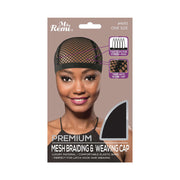 Ms Remi premium mesh braiding cap for wigs on model showing elastic band and two nets packaging