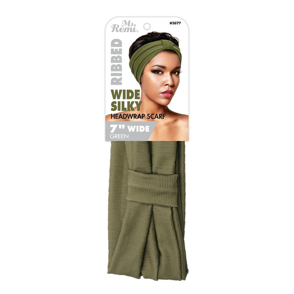 Ms Remi green ribbed silky headwrap scarf 7 inch wide turban style headband for hair protection