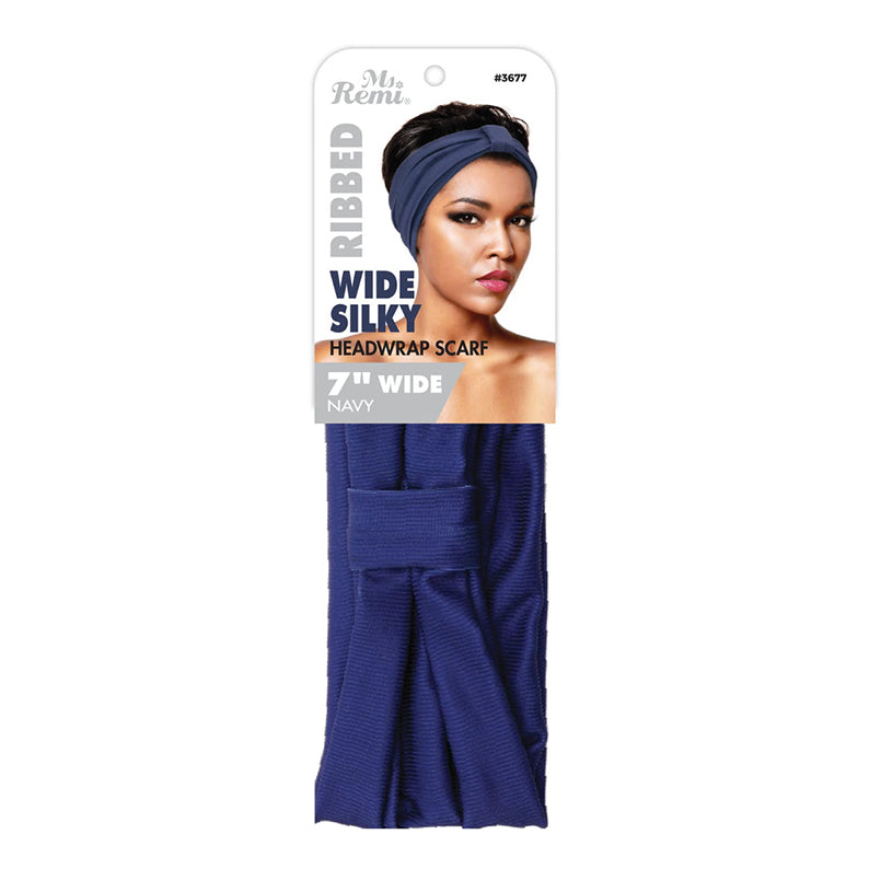 Ms Remi navy 7 inch wide ribbed silky headwrap scarf on retail card showing model wearing twisted knot style