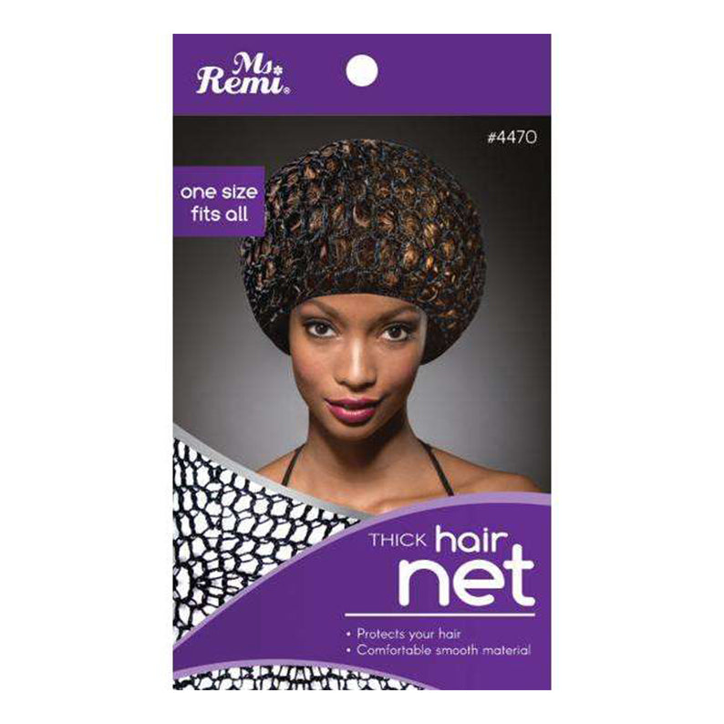 ANNIE thick hair net for black hair on model showing black elastic mesh bonnet packaging for tools and accessories