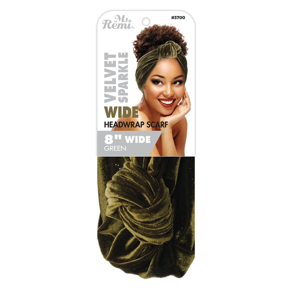 Ms Remi green 8 inch wide velvet headwrap scarf with sparkle finish tied knot on model for styling