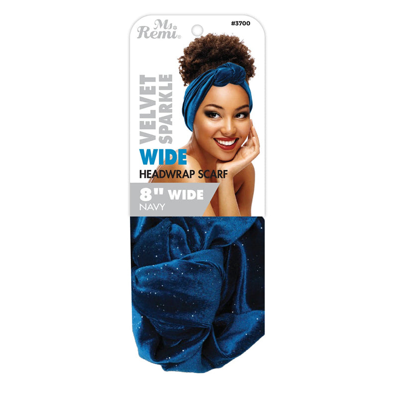 Ms Remi velvet headwrap scarf navy wide 8 inch sparkle headwrap shown on smiling model and folded fabric