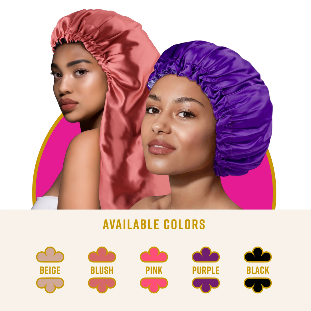 ANNIE satin sleep bonnets on two models in blush and purple showing available colors beige pink black