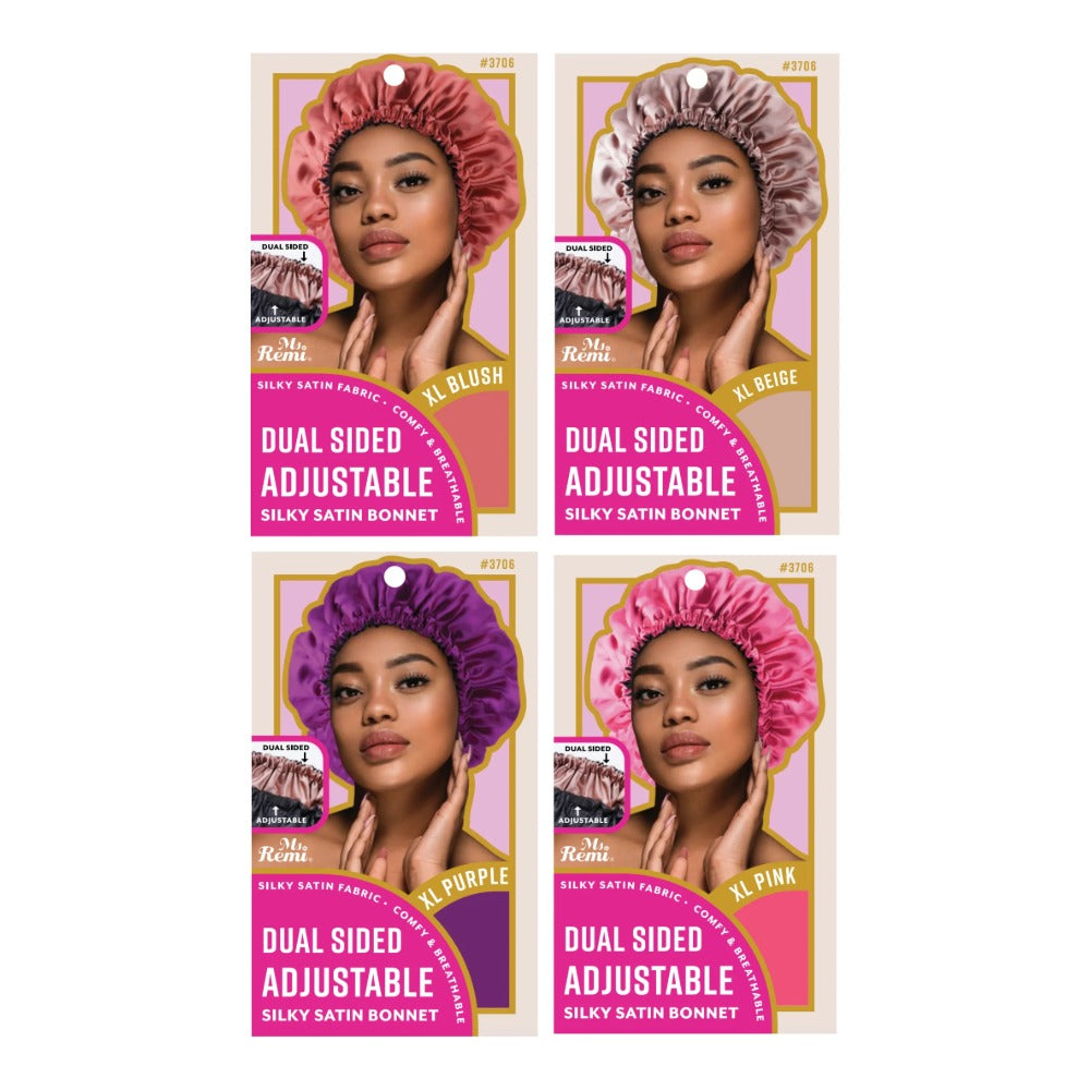 ANNIE Dual Sided Adjustable Silky Satin Bonnet pack showing blush beige purple and pink colors