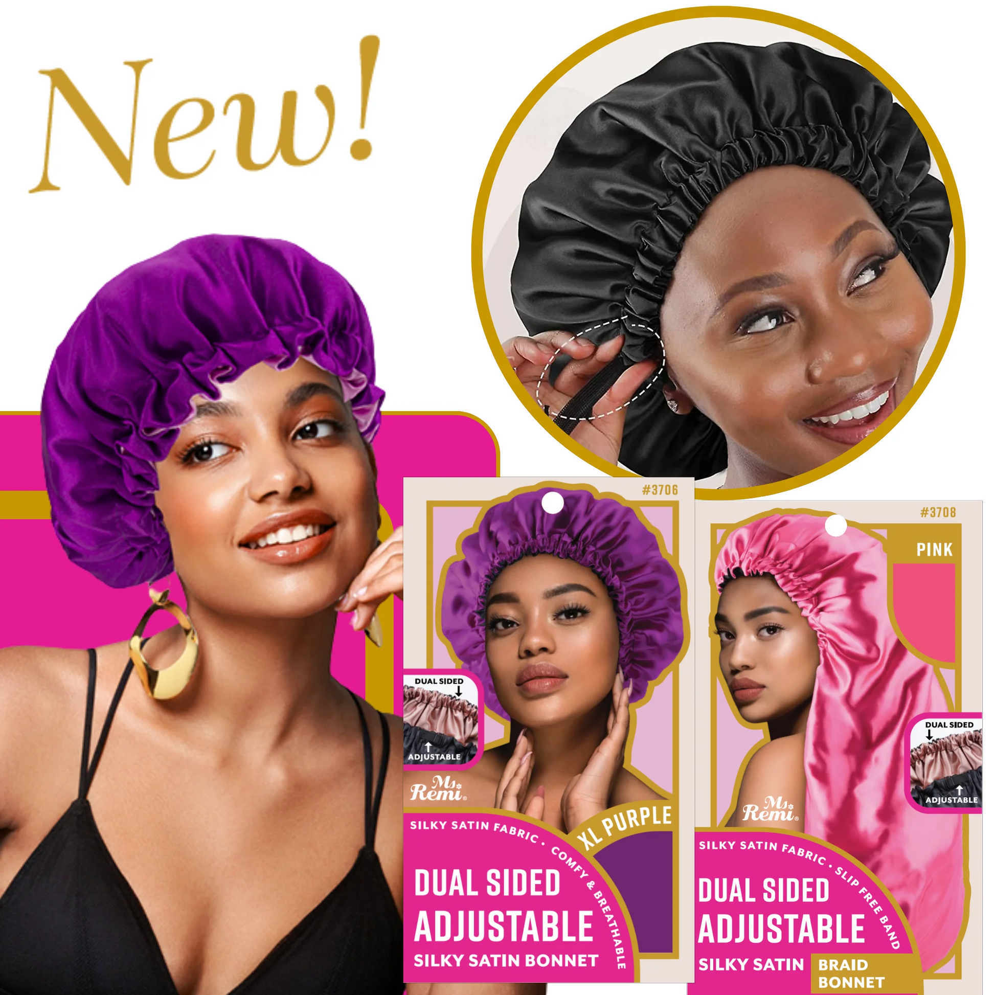 ANNIE dual sided adjustable silky satin bonnet showing purple black and pink bonnets on models for hair protection