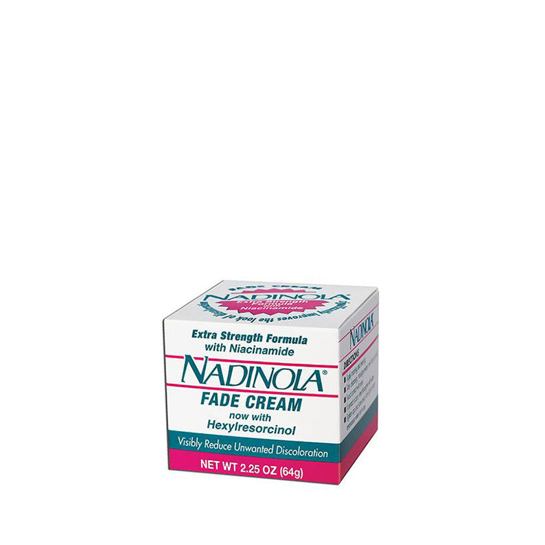 Nadinola Fade Cream Extra Strength. boxed skin care product with niacinamide and hexylresorcinol for reducing discoloration