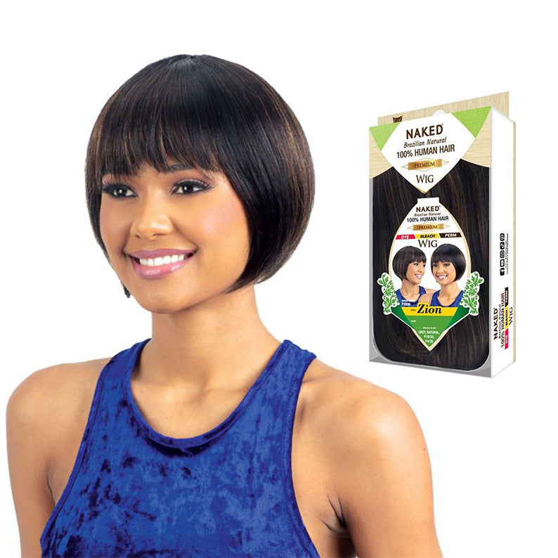 SHAKE N GO Brazilian human hair wig short sleek bob with bangs in dark brown on smiling model with packaging