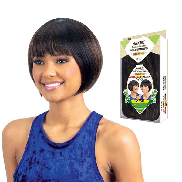 SHAKE N GO Brazilian human hair wig short sleek bob with bangs in dark brown on smiling model with packaging