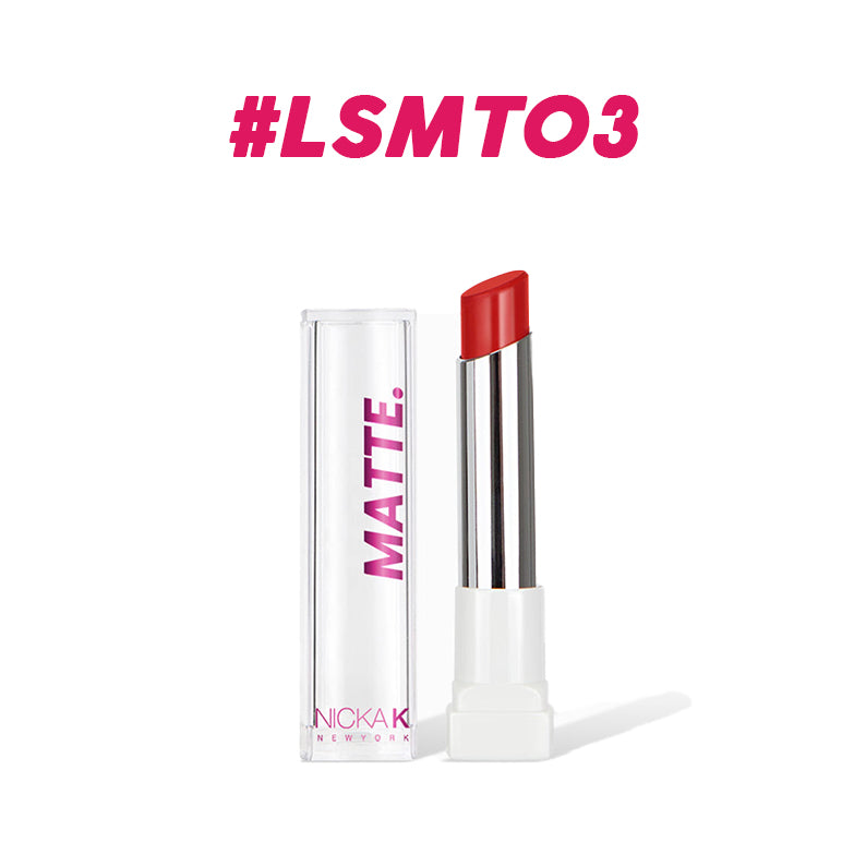 NICKA K long lasting matte lipstick in vibrant red with clear cap and silver tube
