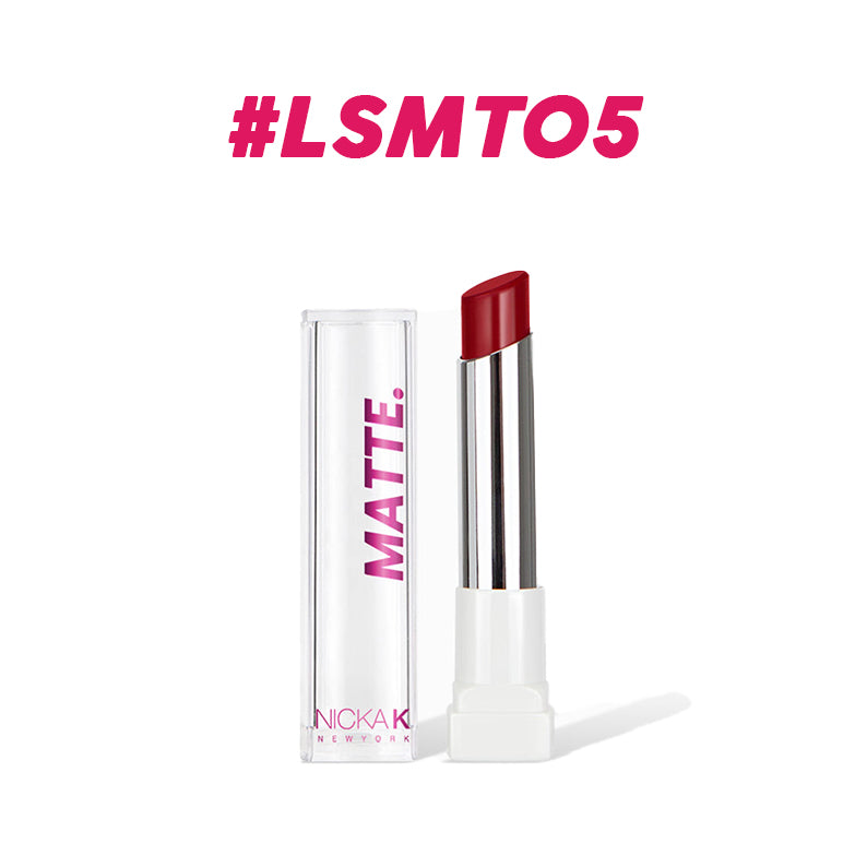 NICKA K long lasting matte lipstick in deep red with transparent cap and silver tube