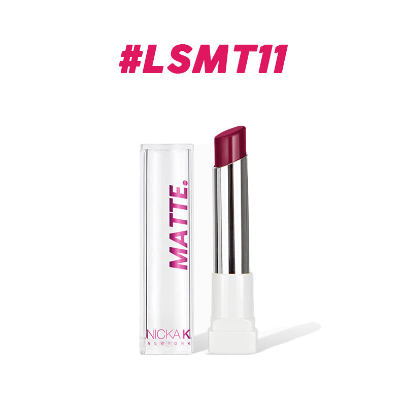 NICKA K long lasting matte lipstick in deep berry shade with clear cap and white base