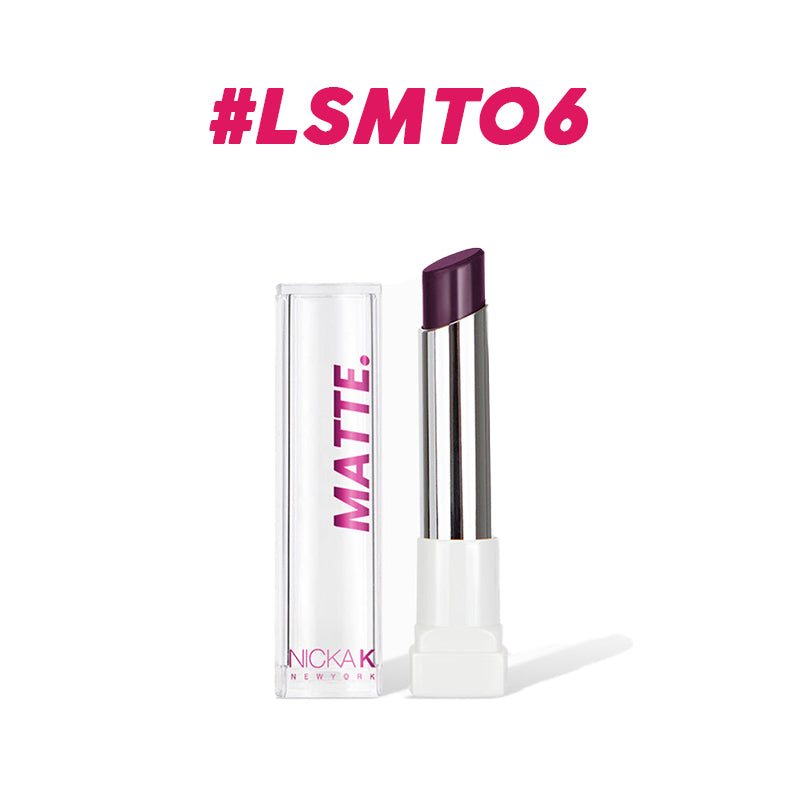 NICKA K long lasting matte lipstick in deep purple shade with clear cap packaging