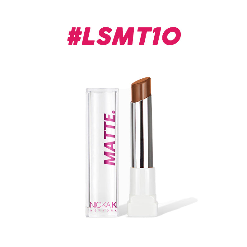 NICKA K long lasting matte lipstick in brown shade with clear cap packaging