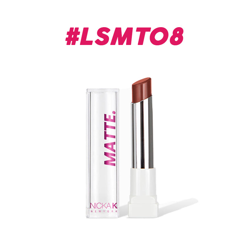 Nicka K long lasting matte lipstick in brown shade with clear cap and white base