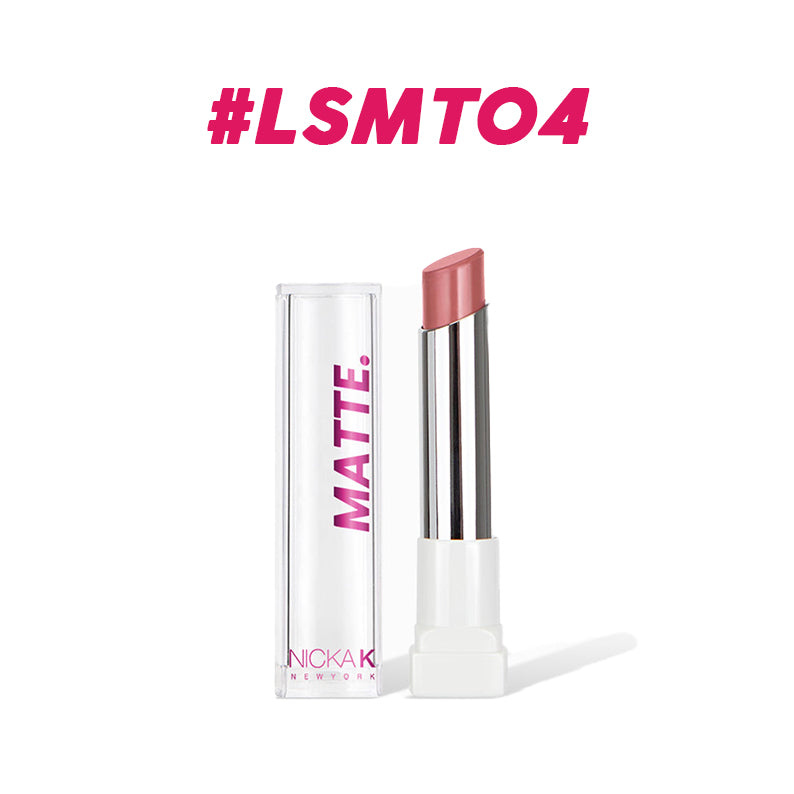 NICKA K long lasting matte lipstick in soft pink shade with clear cap and silver tube