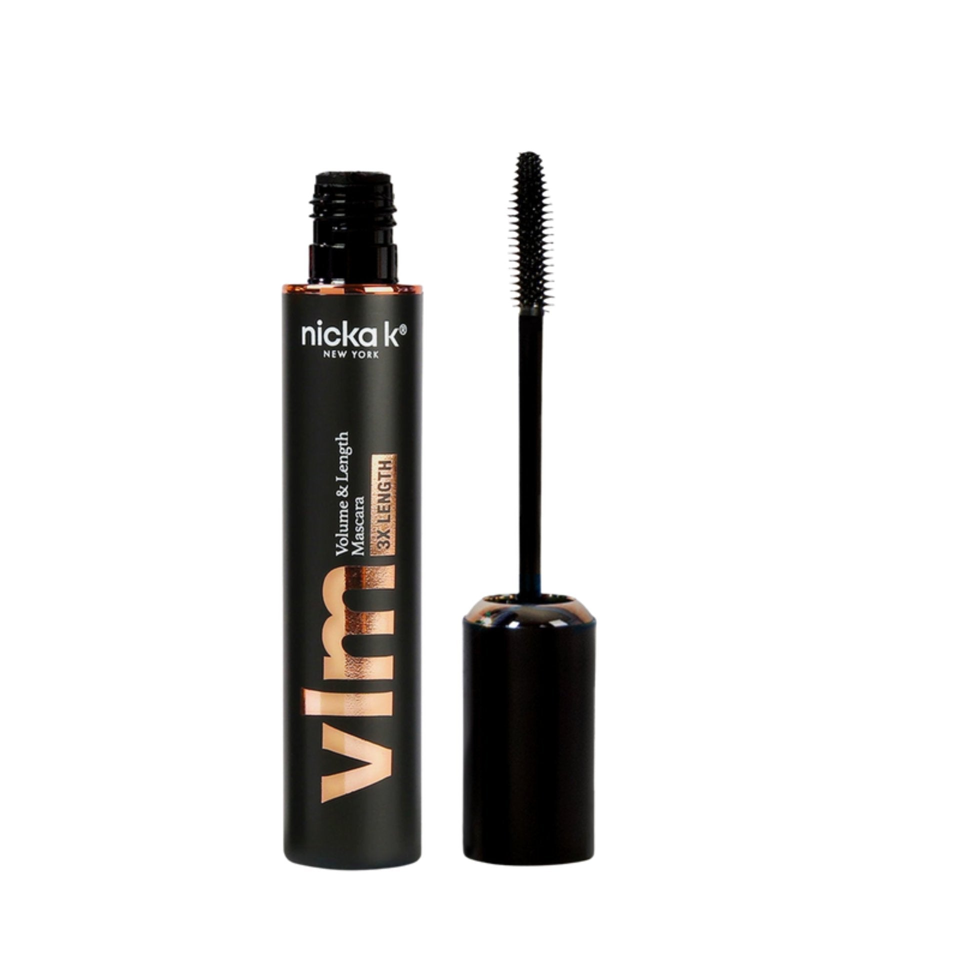 Nicka K volumizing mascara for long lashes with black tube and applicator brush