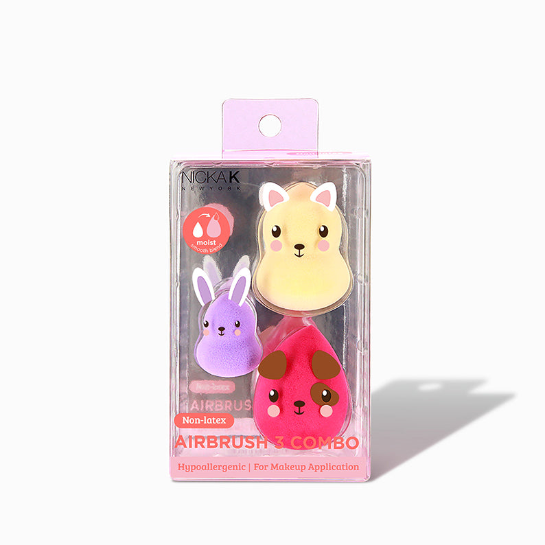 NICKA K airbrush makeup sponge set with three animal shaped sponges in clear pink packaging