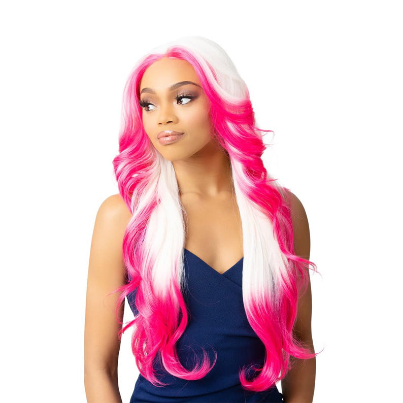 ITS A WIG HD lace front wig blonde in pink and white long wavy synthetic hair on model