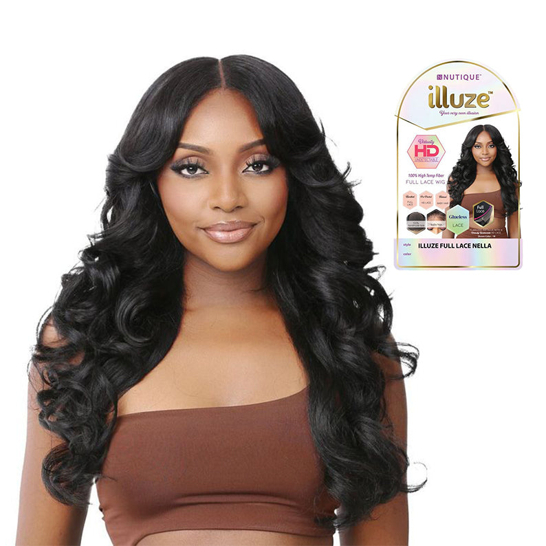 Nutique Illuze Full Lace Wig long black wavy hair with center part and natural hairline on model