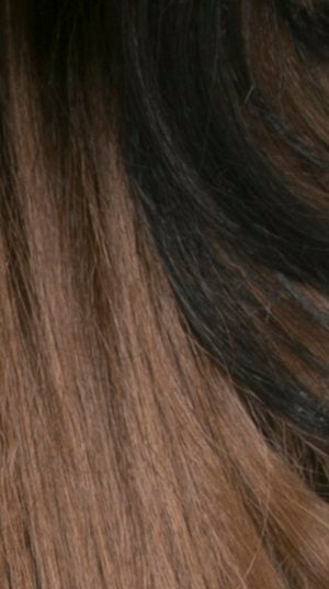Close up of straight brown balayage wig hair with dark roots and silky texture Nutique Illuze HD lace wig.