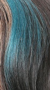 Close up of NUTIQUE Illuze Livia HD lace wig in dark brown with teal highlights showing fine hair texture