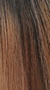 Close up of straight brown ombre hair with dark roots showing texture on NUTIQUE Illuze Livia HD lace wig by ITS A WIG