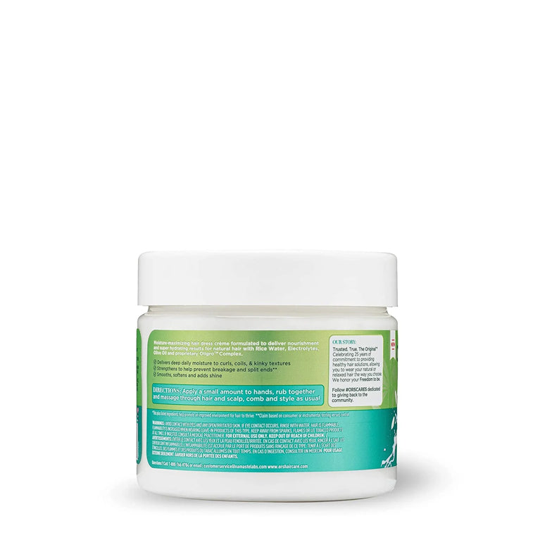 ORS jar of daily curl creme for natural hair with teal label and white lid showing back product label