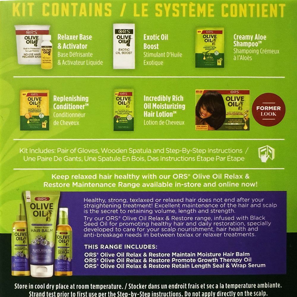ORS extra strength olive oil relaxer kit with relaxer base, exotic oil boost, creamy aloe shampoo, conditioner, and moisturizing hair lotion