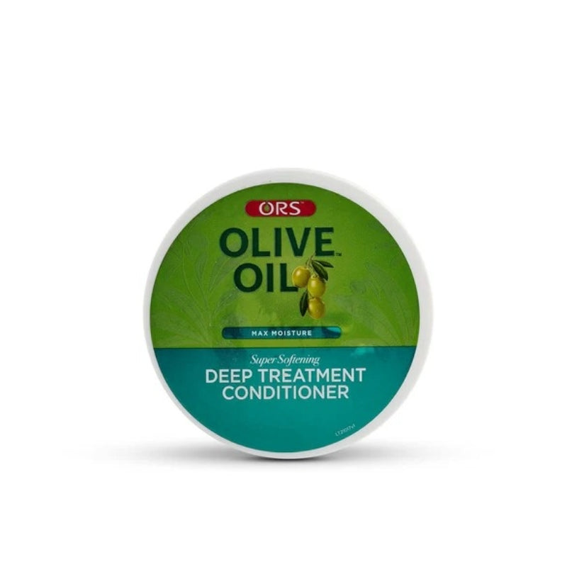 ORS Olive Oil Deep Treatment Conditioner tub top view showing label and olives olive oil deep conditioner for hair