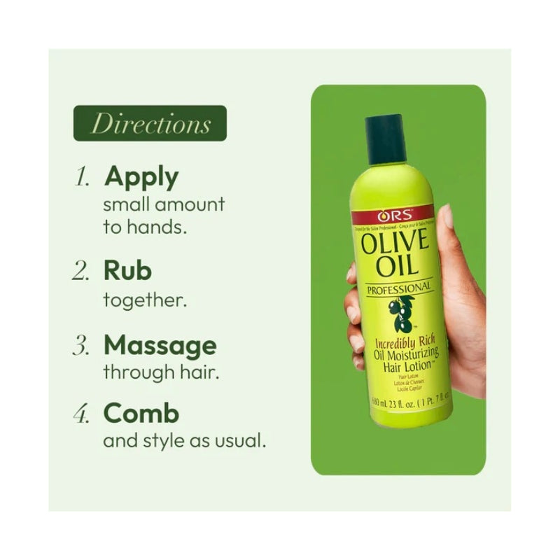 ORS Olive Oil Professional bottle held in hand beside directions Apply Rub Massage Comb olive oil hair lotion