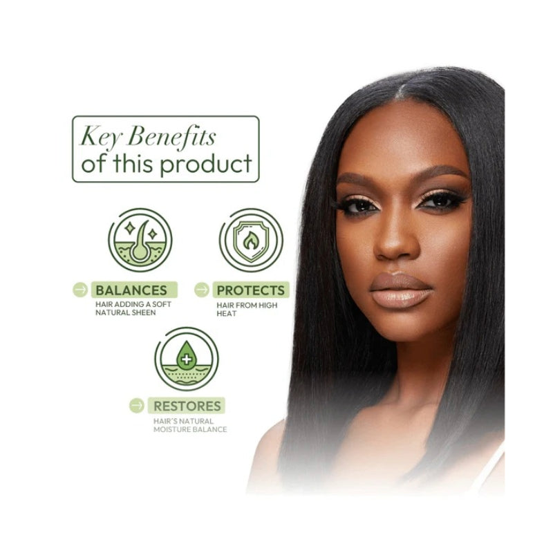 ORS olive oil hair lotion on model showing key benefits balances protects restores for smooth shiny hair