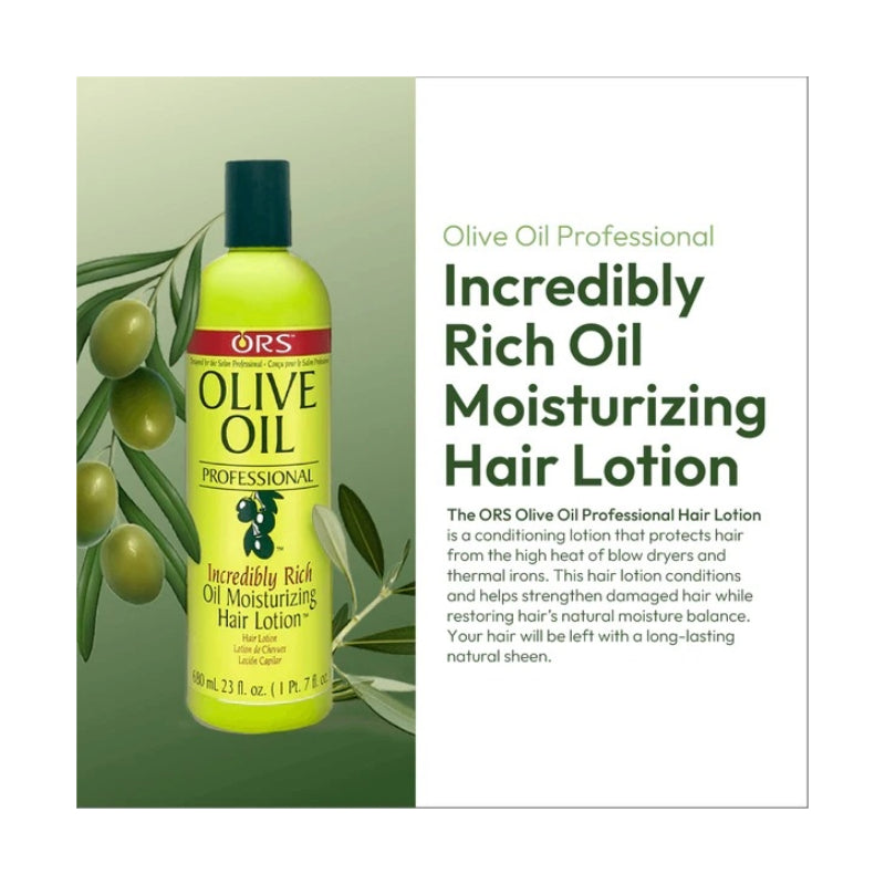 ORS green bottle with olive branch illustration olive oil hair lotion Incredibly Rich Oil Moisturizing Hair Lotion