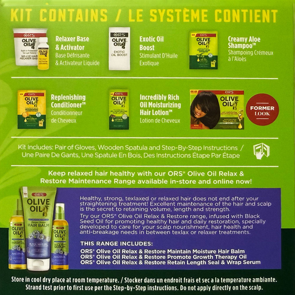 ORS olive oil hair relaxer kit including relaxer base, exotic oil, creamy aloe shampoo, conditioner, and moisturizing hair lotion