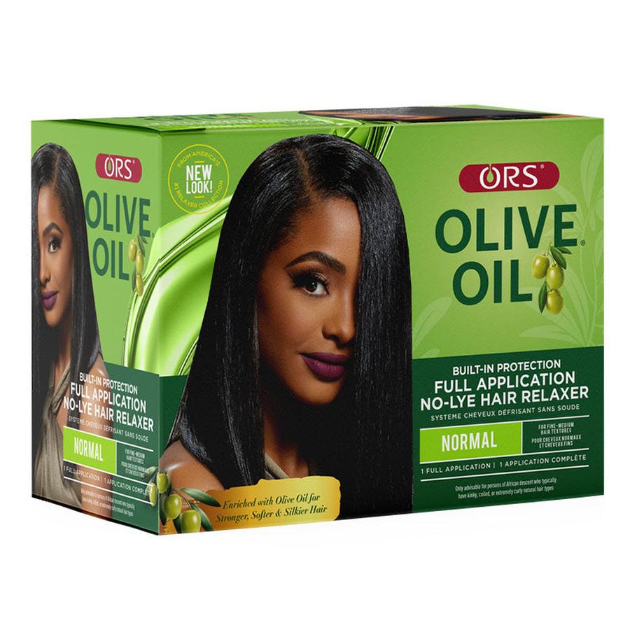 ORS olive oil hair relaxer kit for normal hair with full application no-lye formula and built-in protection