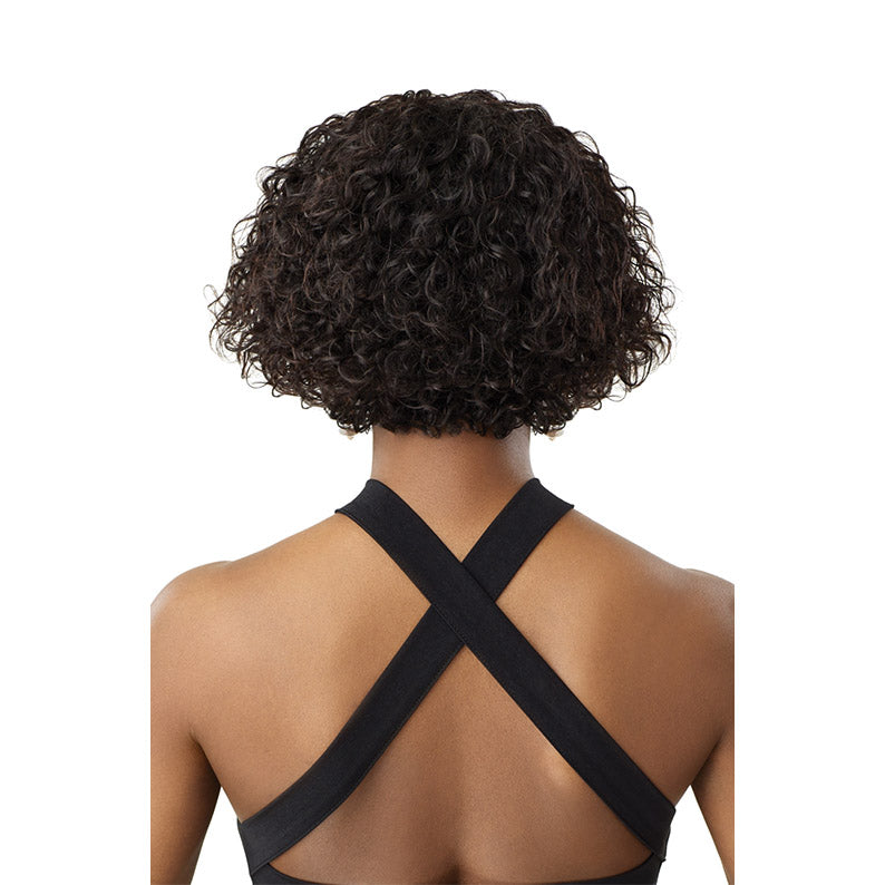 OUTRE 10 inch unprocessed human hair wig short curly bob in dark brown shown from back on model