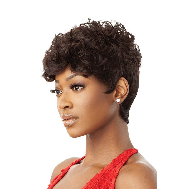 OUTRE short curly pixie 100% unprocessed human hair wig in dark brown on model with red dress
