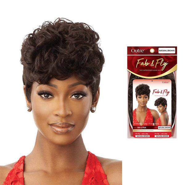 OUTRE short curly pixie wig on model with packaging showing 100% unprocessed human hair wig in brown