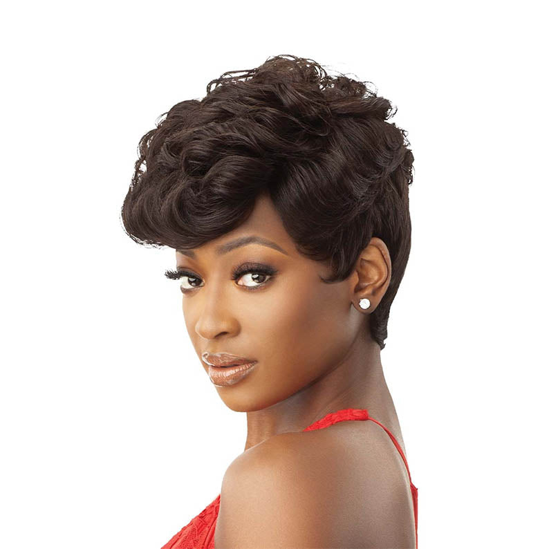 OUTRE short wavy pixie 100% unprocessed human hair wig on model with side profile wearing red dress