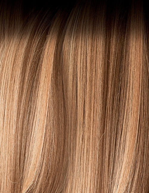 OUTRE 12 inch synthetic lace front wig in honey brown with straight smooth hair texture close up