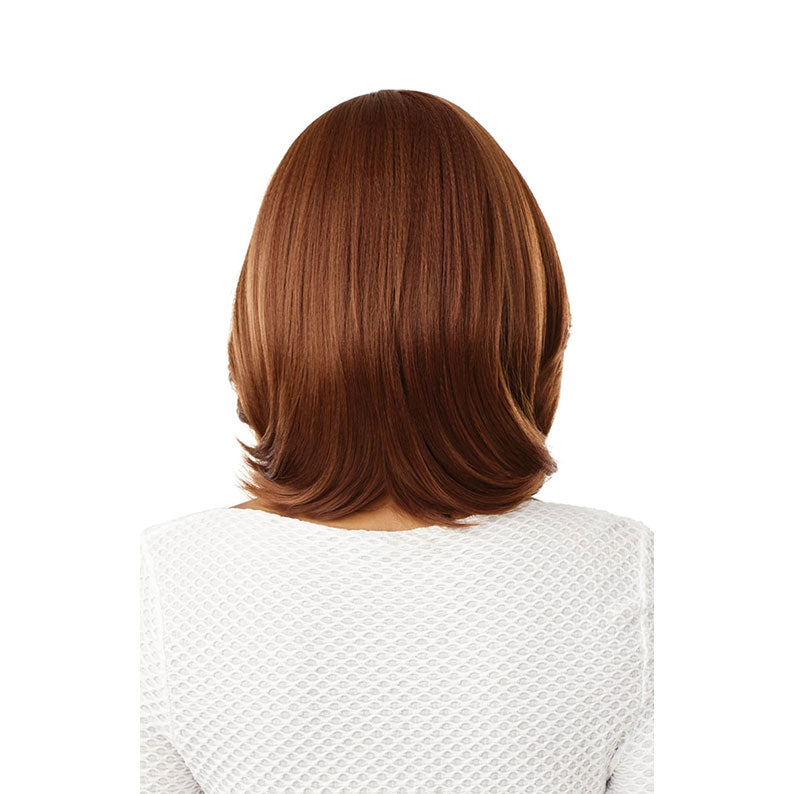 OUTRE 12 inch synthetic lace front wig auburn sleek layered bob with flipped ends shown from back